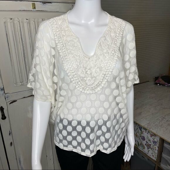 Alfani Off White Sheer Embroidered Neckline Pullover Blouse Top Size PM - Picture 12 of 12